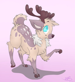 antlers blue_eyes feral fluffy fur hair hooves horn looking_at_viewer male multicolored_hair simple_background smile solo backsash deer mammal 2014 hi_res