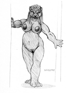 anthro big_breasts breasts dreadlocks female genitals nipples nude slightly_chubby solo vulva wolfkidd bear mammal black_and_white monochrome