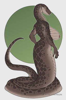 anthro apode areola big_breasts breasts brown_body brown_scales countershading eyelashes female female_anthro legless nipples non-mammal_breasts non-mammal_nipples nude nude_female pink_nipples scales serpentine side_view simple_background smile solo yellow_eyes adalfyre boa_(snake) draconcopode naga prehistoric_species reptile scalie snake titanoboa hi_res