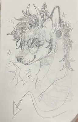 2_horns ambiguous_gender anthro bridge_piercing ear_piercing eyewear facial_hair facial_markings facial_piercing fur glasses hair head_markings horn inner_ear_fluff lip_piercing markings nose_piercing nose_ring piercing ring_piercing septum_piercing septum_ring sideburns snakebite_piercing snout solo spade_tail sparkles tail tuft underbite whisker_spots whiskers wyrmapalooza canid canine mammal graphite_(artwork) hatching_(art) shaded sketch traditional_media_(artwork)