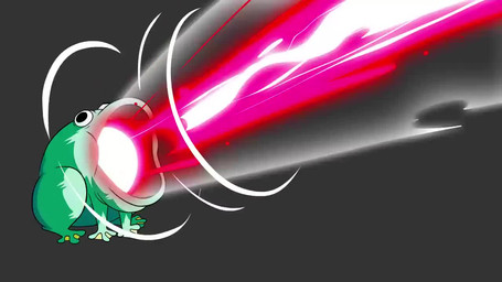 ambiguous_gender energy_beam feet feral humor laser membrane_(anatomy) open_mouth simple_background smile solo toes toony webbed_feet what zeurel amphibian frog 16:9 animated short_playtime sound video widescreen