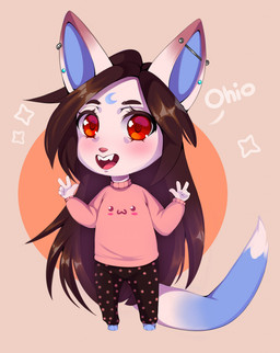 anthro biped blue_body blue_fur blue_inner_ear blush bottomwear brown_hair chibi clothed clothing dipstick_tail ear_piercing eyebrows eyelashes female fully_clothed fur hair industrial_piercing long_hair markings open_mouth pants pattern_bottomwear pattern_clothing pattern_pants piercing pink_clothing pink_nose pink_sweater pink_tongue pink_topwear red_eyes solo standing sweater tail tail_markings teeth tongue topwear white_body white_fur white_tail_tip iivochka ivochi_(iivochka) mammal 2021 digital_media_(artwork) hi_res shaded
