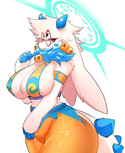 anthro big_breasts blue_eyes breasts curvy_figure eyewear female glasses horn long_ears red_eyewear red_glasses round_glasses solo tail thick_thighs voluptuous scribbledmoon atlyss angela_flux kubold_(atlyss)