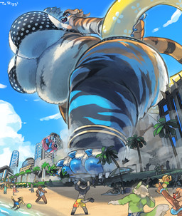 anthro beach belly big_breasts bikini bikini_top blue_claws blue_pawpads blue_sky breasts building city_destruction claws clothing day death destruction extreme_size_difference fatal female genocide huge_breasts kemono larger_female looming macro macro_female mass_crush palm_tree pawpads plant size_difference sky slightly_chubby swimwear thick_thighs tree two-piece_swimsuit under_boob vehicle vehicle_destruction voluptuous_female white_belly white_breasts utsuki_maito riggi_(character) felid mammal pantherine tiger hi_res