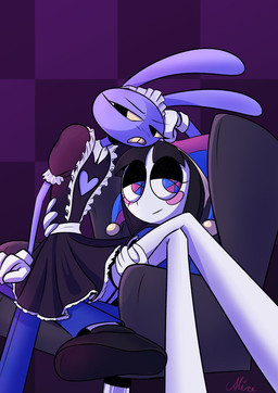 4_fingers annoyed anthro blush blush_lines business_suit chair clothed clothing crossdressing crossed_legs duo eyelashes female fingers furniture half-closed_eyes heart_symbol larger_male lifting_partner long_eyelashes maid_headdress maid_uniform male narrowed_eyes on_chair sitting sitting_on_chair size_difference smaller_female smile suit swivel_chair uniform screaming_alice glitch_productions the_amazing_digital_circus jax_(tadc) pomni_(tadc) humanoid lagomorph leporid mammal rabbit