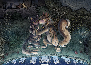 accesory blush brown_body detailed_background duo eyes_closed female female/female feral forbidden_relationship forest fur hand_holding holding_shoulder kissing_cheek light looking_down moonlight nature night plant romantic semi-anthro silhouette swimming_pool tabby_fur tree yellow_body yellow_eyes yellow_fur deidad_dissitum sappho_and_erinna_in_a_garden warriors_(book_series) background_character leafpool_(warriors) mothwing_(warriors) avian bird domestic_cat felid feline felis mammal starclan_cat tabby_cat wild_cat hi_res