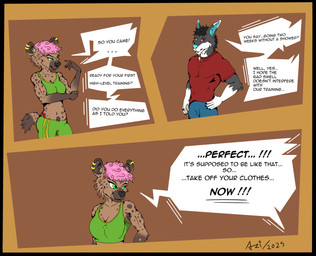 anthro bodily_fluids demanding dialogue duo exercise female gym male male/female musk smelly sweat text training workout ar10ch canid canine canis hyena mammal wolf absurd_res comic english_text hi_res multiple_scenes
