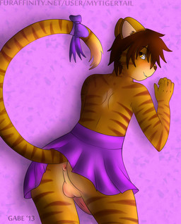 anthro anus balls blush bottomwear bow_tie clothed clothing countershading crossdressing erection femboy genitals looking_at_viewer male pattern_background penis purple_bottomwear purple_bow_tie purple_clothing purple_skirt simple_background skirt solo tail tail_under_skirt text topless mytigertail gabe_(mytigertail) felid mammal pantherine tiger 2013 hi_res signature url