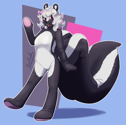 anthro big_tail black_body blush featureless_crotch female hair looking_aside on_one_leg pink_eyes plushie seam_(sewing) simple_background solo standing tail white_body white_hair moomaid animate_inanimate living_plushie mammal mephitid skunk 2025 absurd_res digital_media_(artwork) hi_res