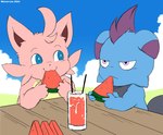 ambiguous_gender anthro beverage blue_body day detailed_background duo eating food fruit furniture glass looking_at_another melon outside pink_body plant table watermelon watermelon_slice winick-lim palworld pocketpair cattiva depresso pal_(species) 2024 artist_name hi_res