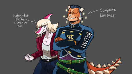 5_fingers alternate_species anthro belt blonde_hair blue_eyes blue_hair bone_frill bottomwear breasts cleavage clothed clothing cosplay crossed_arms crossover_cosplay denim denim_bottomwear denim_clothing duo eyes_closed female fingers frill_(anatomy) furrification grey_background hair jacket jeans long_hair long_tail magenta_body magenta_scales male motion_lines multicolored_body multicolored_scales orange_body orange_scales pants red_clothing red_jacket red_topwear scales simple_background smile snout spiked_tail spikes spikes_(anatomy) tail text topwear two_tone_body two_tone_scales white_body white_scales jauntyweb cavemanon_studios diamond_is_unbreakable i_wani_hug_that_gator jojo's_bizarre_adventure mia_moretti okuyasu_nijimura ankylosaurian ankylosaurid ankylosaurus dinosaur hadrosaurid ornithischian ornithopod parasaurolophus prehistoric_species reptile scalie thyreophoran 2024 crossover digital_drawing_(artwork) digital_media_(artwork) english_text hi_res