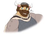 anthro armor biped blush brown_body brown_fur cape clothing fur headgear helmet horn male manly simple_background solo white_background dinonugget_bird animal_crossing nintendo vic_(animal_crossing) bovid bovine cattle mammal 2020 4:3 hi_res