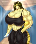 anthro big_breasts bodily_fluids breasts female gym huge_breasts muscular muscular_female solo sportswear sweat water lavochnica felid mammal pantherine tiger absurd_res hi_res