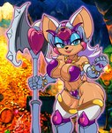 anthro armor bare_shoulders big_breasts bikini_armor breasts clothing eyeshadow female fur gloves handwear headgear helmet legwear lipstick makeup narrowed_eyes ring_piercing smile solo tan_body tan_skin unconvincing_armor weapon white_body white_fur barely_sly sega sonic_the_hedgehog_(series) rouge_the_bat bat mammal 2023 digital_media_(artwork) hi_res signature