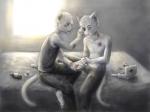 anthro barefoot clothed clothing duo feet fur hair male navel topless white_body white_fur white_hair wounded canned_(artist) domestic_cat felid feline felis mammal 2014 4:3 greyscale hi_res monochrome