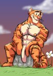 abs anthro big_penis biped cloud flower fur genitals grass male muscular muscular_anthro muscular_male nipples orange_body orange_fur pecs penis plant rock sitting solo striped_body stripes whiskers unrealrui disney winnie_the_pooh_(franchise) tigger felid mammal pantherine tiger absurd_res hi_res