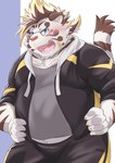 anthro band-aid bandage blue_eyes blush bottomwear clothing eyewear glasses kemono male overweight overweight_male pants shirt simple_background topwear nazebesu_hobby lifewonders tokyo_afterschool_summoners licho_(tas) felid mammal pantherine tiger 2023 absurd_res hi_res