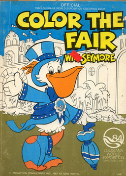 anthro building clothing coat coloring_book feathers gesture hat headgear headwear mascot modern_architecture outside palm_tree plant ribbons sash solo spats tailcoat text top_hat topwear tree umbrella waving white_body white_feathers jim_machin 1984_worlds_fair seymore_d'fair avian bird pelecaniform pelican 1983 book_cover cover english_text official_art