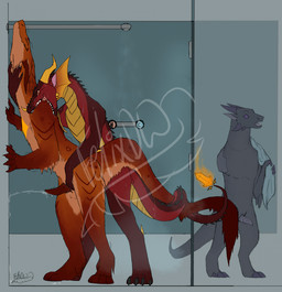 amputee anthro bite bodily_fluids cum disability duo ejaculation from_behind_position fur genital_fluids genitals half-erect knot knotted_penis male male/male penis sex shoulder_bite shower surprised tapering_penis wet felixdw european_mythology mythology arlequin_(misterluk) felix_(felixdw) dragon furred_dragon furred_scalie mythological_creature mythological_scalie scalie western_dragon hi_res