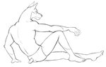 anthro barefoot briefs butt clothed clothing facing_rear feet hand_on_ground male short_tail simple_background sitting solo tail topless underwear white_background thegreatmatsutzu canid canine canis dobermann domestic_dog mammal pinscher black_and_white monochrome sketch