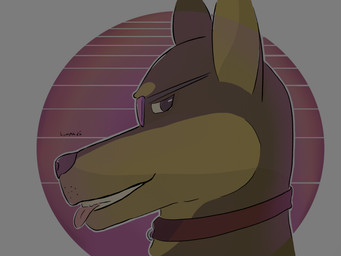 anthro collar eyewear looking_at_viewer male side_eye side_view smile smiling_at_viewer smirk smirking_at_viewer solo sunglasses synthwave tongue tongue_out lymph canid canine canis dobermann domestic_dog mammal pinscher absurd_res headshot_portrait hi_res portrait