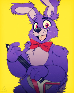 anthro arm_tuft black_nose bow_tie cheek_tuft chest_tuft electric_guitar eyebrows facial_tuft fingers fur guitar head_tuft inner_ear_fluff looking_at_viewer machine male musical_instrument open_mouth open_smile plucked_string_instrument purple_body purple_fur shoulder_tuft simple_background smile solo standing string_instrument teeth tongue tuft whiskers yellow_background familyof6art five_nights_at_freddy's scottgames bonnie_(fnaf) animatronic lagomorph leporid mammal rabbit robot 2019 4:5