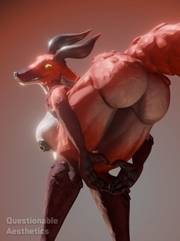 anthro belly big_breasts big_ears black_horn black_nipples black_sclera breasts butt female fluffy fluffy_tail glowing glowing_eyes horn nipples orange_eyes presenting presenting_hindquarters red_body simple_background slim solo standing tail tall teeth white_belly wide_hips questionable_aesthetics_(artist) questionable_aesthetics_(modeler) praise_da_booty_(meme) crimson_fiend_(questionable_aesthetics) canid canine canine_demon demon hybrid mammal 3:4 3d_(artwork) absurd_res blender_(artwork) blender_cycles_(artwork) digital_media_(artwork) hi_res watermark