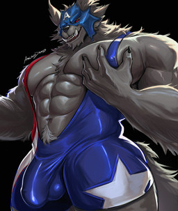 abs anthro balls_outline black_background black_sclera blue_clothing blue_mask blue_swimwear bulge claws clothed clothing detailed_bulge fangs fur genital_outline genitals grey_body grey_fur humanoid_genitalia humanoid_penis looking_at_viewer male multicolored_clothing multicolored_swimwear muscular muscular_anthro muscular_male nipple_outline nipples pec_grab pecs penis penis_outline red_clothing red_eyes red_swimwear simple_background solo swimwear tail teeth thick_thighs white_clothing white_swimwear arcanodraws marvel marvel_rivals mythology captain_america capwolf canid canine mammal mythological_canine mythological_creature werecanid werecanine werecreature werewolf 2026 absurd_res alternate_version_at_paywall digital_media_(artwork) hi_res