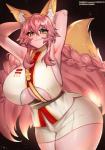 :3 amber_eyes big_breasts black_background blush braided_hair breasts brown_body brown_fur butt clothed clothing cute_fangs fangs female fluffy fluffy_tail fur hair hands_behind_head pink_hair pose simple_background solo tail teeth white_body white_fur osiimi fate_(series) type-moon caster_tamamo-no-mae animal_humanoid canid canid_humanoid canine canine_humanoid fox_humanoid humanoid mammal mammal_humanoid 2019 portrait three-quarter_portrait