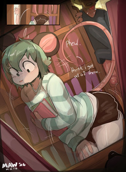 2_panel_comic 4_fingers anthro anthro_focus ass_up balls bent_over big_penis biped black_border black_bottomwear black_clothing black_ears black_nose black_shirt black_shorts black_topwear blep blush bodily_fluids book bookshelf border bottomless bottomless_anthro bottomless_male bottomwear brown_balls brown_body brown_fur buckteeth butt carpet clothed clothed_anthro clothed_male clothing curvy_figure darkened_genitalia darkened_penis detailed_background dialogue dripping duo dutch_angle emanata erection femboy fingers fully_clothed fur furniture genital_fluids genitals glans glistening glistening_ears glistening_genitalia glistening_glans glistening_hair glistening_inner_ear glistening_penis glistening_tail glistening_thighs green_clothing green_eyes green_hair green_sweater green_topwear grey_body grey_skin group hair holding_book holding_object imminent_sex library light long_tail male male_anthro male_focus mouse_tail onomatopoeia open_mouth pattern_clothing pattern_sweater pattern_topwear penis pink_inner_ear pink_nose pink_penis pink_tail precum precum_drip precum_string public saliva shirt shirt_only shorts smile snout solo_focus sound_effects standing striped_clothing striped_sweater striped_topwear stripes sweater tail talking_to_self teeth text thick_thighs tongue tongue_out topwear topwear_only two_frame_image wide_eyed mawmain kayden_(mawmain) canid canine canis domestic_dog mammal mouse murid murine rodent 2026 absurd_res artist_name colored comic dated digital_drawing_(artwork) digital_media_(artwork) english_text hi_res lighting shaded signature