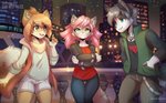 anthro blue_eyes city clothed clothing detailed_background female group male night outside sky smile star starry_sky longdanger canid canine canis domestic_cat domestic_dog felid feline felis husky mammal nordic_sled_dog shiba_inu spitz 2020 digital_media_(artwork)