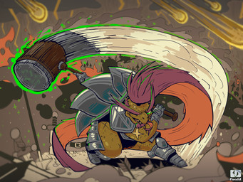 anthro armor briefs clothing eyebrows green_body hair hammer long_hair male pink_hair ponytail solo thick_eyebrows thick_thighs tools unconvincing_armor underwear warhammer flarinthk deltarune undertale_(series) gerson_boom_(deltarune) reptile scalie turtle 4:3 absurd_res hi_res