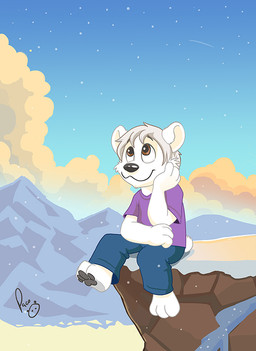 anthro black_nose blue_bottomwear blue_clothing blue_pants bottomwear brown_eyes cheek_tuft closed_smile clothed clothing cloud day facial_tuft fur glistening glistening_eyes grey_pawpads hair logo looking_up male male_anthro mouth_closed pants pawpads purple_clothing purple_shirt purple_t-shirt purple_topwear shirt short_hair sitting smile solo star t-shirt topwear tuft white_body white_fur white_hair young young_anthro young_male pandapaco bear mammal polar_bear ursine artist_logo signature