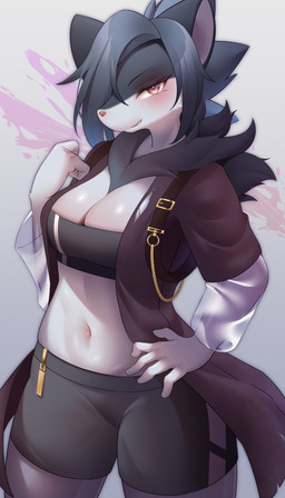 anthro big_breasts black_body black_fur black_hair blush bottomwear breasts cleavage clothed clothing female female_anthro fur hair hair_over_eye half-closed_eyes hand_on_hip kemono looking_at_viewer midriff narrowed_eyes navel neck_tuft one_eye_obstructed pink_nose shorts smug solo spandex spandex_shorts tight_bottomwear tight_clothing tight_shorts topwear tube_top tuft white_body white_fur kemonoyou felid mammal species_request 2024 absurd_res character_request digital_media_(artwork) hi_res portrait three-quarter_portrait