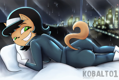 anthro bed bodysuit breasts butt city cityscape clothing female furniture grin looking_at_viewer lying on_bed on_front raining skinsuit smile solo tail tight_clothing kobaltoco nickelodeon t.u.f.f._puppy kitty_katswell domestic_cat felid feline felis mammal hi_res