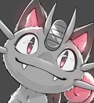 ambiguous_gender anthro fangs fur looking_at_viewer pink_eyes simple_background solo tail teeth whiskers sylfeanne nintendo pokemon felid feline generation_1_pokemon mammal meowth pokemon_(species) 2025 hi_res signature