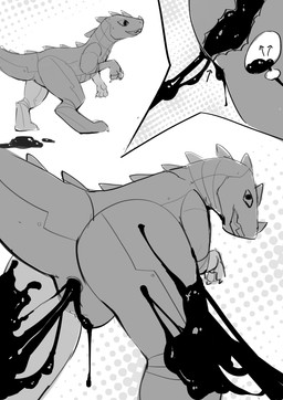 after_transformation biped bipedal_feral black_goo bladder_inflation feral goo_drip goo_in_ass goo_on_leg grey_body grey_scales internal looking_at_viewer male scales solo fur_alasky dinosaur prehistoric_species reptile scalie 2025 absurd_res hi_res monochrome