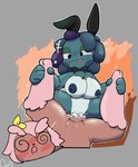 amazon_position anthro areola big_breasts blue_body blush bodily_fluids breasts brown_body cum cum_inside dominant dominant_female duo fake_ears fake_rabbit_ears female female_penetrated flower fur genital_fluids genitals hair half-closed_eyes heart_symbol male male/female motion_lines narrowed_eyes nipples open_mouth penetration penis pink_body pink_fur pink_hair plant sex simple_background smile spiral_eyes thick_thighs vaginal vaginal_penetration vulva yellow_flower drawcat13 nintendo pokemon noelle_evilyn_(character) drizzile generation_4_pokemon generation_5_pokemon generation_8_pokemon lopunny pokemon_(species) digital_media_(artwork) hi_res tagme trans_(lore) trans_woman_(lore)