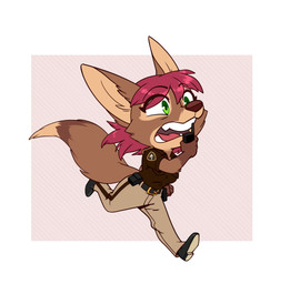 anthro brown_body brown_fur chibi clothing electronics female fur green_eyes hair open_mouth pattern_background pink_hair police police_officer police_uniform radio running simple_background solo tan_body tan_fur uniform redvelvetbat nebila_sejahk canid canine fennec_fox fox mammal true_fox absurd_res hi_res