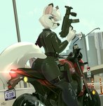 agent anthro blue_eyes building butt city female fur gun license_plate looking_back motorcycle outside ranged_weapon skyscraper solo vehicle weapon wheel white_body white_fur hinget sabrina_frost canid canine fox mammal 2022 digital_media_(artwork) hi_res