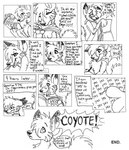 anthro black_tipped_ears book claws dialogue fangs female fur half-closed_eyes head_tuft narrowed_eyes open_mouth pointy_speech_bubble quiz smile snout solo speech_bubble teeth text time_skip tuft blondefoxy lucky_(blondefoxy) canid canine canis coyote mammal 2007 black_and_white comic english_text handwritten_text line_art monochrome pen_(artwork) traditional_media_(artwork)