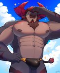 abs anthro beard black_body black_fur body_hair bulge chest_hair clothing facial_hair fur horn male muscular muscular_anthro muscular_male navel nipples pecs shading_eyes shirtless smile solo speedo swimwear thatdouginme lifewonders live_a_hero obsidius bovid bovine cattle mammal hi_res