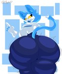 anthro big_breasts big_butt blue_hair bottomwear breasts butt clothing female floating_hands hair huge_butt looking_at_viewer looking_back machine open_mouth pants shoulder_pads solo thick_thighs topwear wide_hips yellow_eyes zeglo-official deltarune undertale_(series) tasque_manager darkner felid mammal robot hi_res