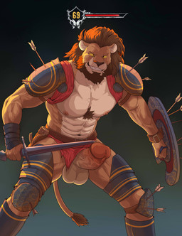 abs anthro arrow_(weapon) balls biped bottomwear clothing erection fur genitals glans humanoid_genitalia humanoid_penis ineffective_clothing ineffective_loincloth loincloth male melee_weapon muscular muscular_anthro muscular_male nipples penis ranged_weapon shield solo standing sword teeth weapon ggan_ggandi felid lion mammal pantherine absurd_res digital_drawing_(artwork) digital_media_(artwork) hi_res unavailable_at_source