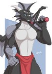 anthro black_body black_scales blue_eyes bottomwear clothing grin holding_object holding_weapon loincloth looking_at_viewer male red_clothing scales simple_background smile solo weapon wings spinal22 mythology dragon mythological_creature mythological_scalie scalie hi_res