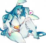 2016 anthro areola big_breasts bikini biped blue_body blue_eyes blue_fur blue_hair blush bodily_fluids breast_squish breasts claws cleavage clothed clothing curvy_figure eyebrows eyelashes female fur green_body green_fur hair heart_symbol hi_res hindpaw huge_breasts lagomorph leporid lips long_hair looking_back mammal paws pink_lips rabbit side_boob simple_background sitting skimpy smile solo squish sweat sweatdrop swimwear teeth thick_thighs venusflowerart voluptuous white_background white_body white_fur