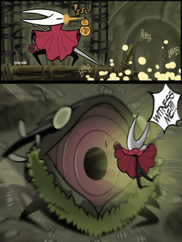 2_panel_comic ambiguous_gender black_body black_text butt cloak clothing dialogue duo exclamation_point holding_melee_weapon holding_object holding_weapon imminent_vore melee_weapon midair open_mouth red_cloak red_clothing sound_effects speech_bubble text weapon weapon_on_back white_text iiimp hollow_knight:_silksong hollow_knight_(franchise) team_cherry groal_the_great hornet_(hollow_knight) arthropod 2025 3:4 absurd_res artist_name comic english_text hi_res