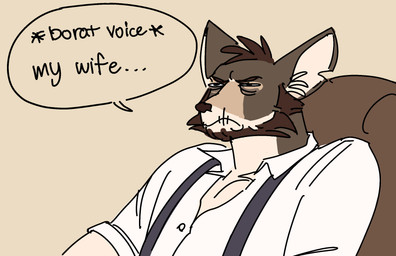 anthro beard dialogue facial_hair grumpy humor male sitting solo text ganii echo_(series) echo_project the_smoke_room william_adler canid canine canis coyote mammal 2023 english_text hi_res