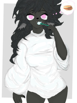 anthro black_body black_claws black_hair black_nose brush claws clothed clothing fluffy_ears food hair oversized_clothing oversized_shirt oversized_topwear pancake pantsless pink_eyes shirt thought_bubble toothbrush toothbrush_in_mouth toothpaste topwear white_clothing white_shirt white_topwear mr_conductor_(artist) uni_(mr_conductor) canid canine canis domestic_cat domestic_dog felid feline felis humanoid mammal unknown_species hi_res