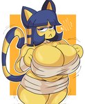 anthro bandage big_breasts black_eyes blue_hair breasts cleavage clothed clothing female frown hair half-closed_eyes huge_breasts markings narrowed_eyes navel solo striped_markings striped_tail stripes tail tail_markings yellow_body lewd_dorky animal_crossing nintendo ankha_(animal_crossing) domestic_cat felid feline felis mammal hi_res